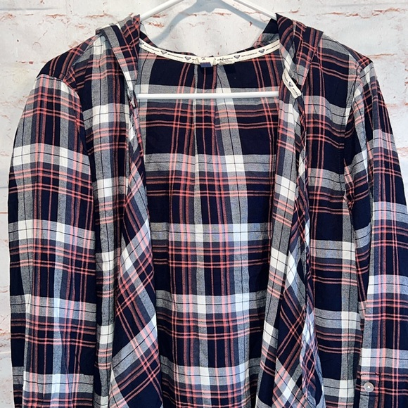 Roxy Sweater Womens Medium Red Black Plaid Draped Open Front Cardigan Hooded - Picture 2 of 9